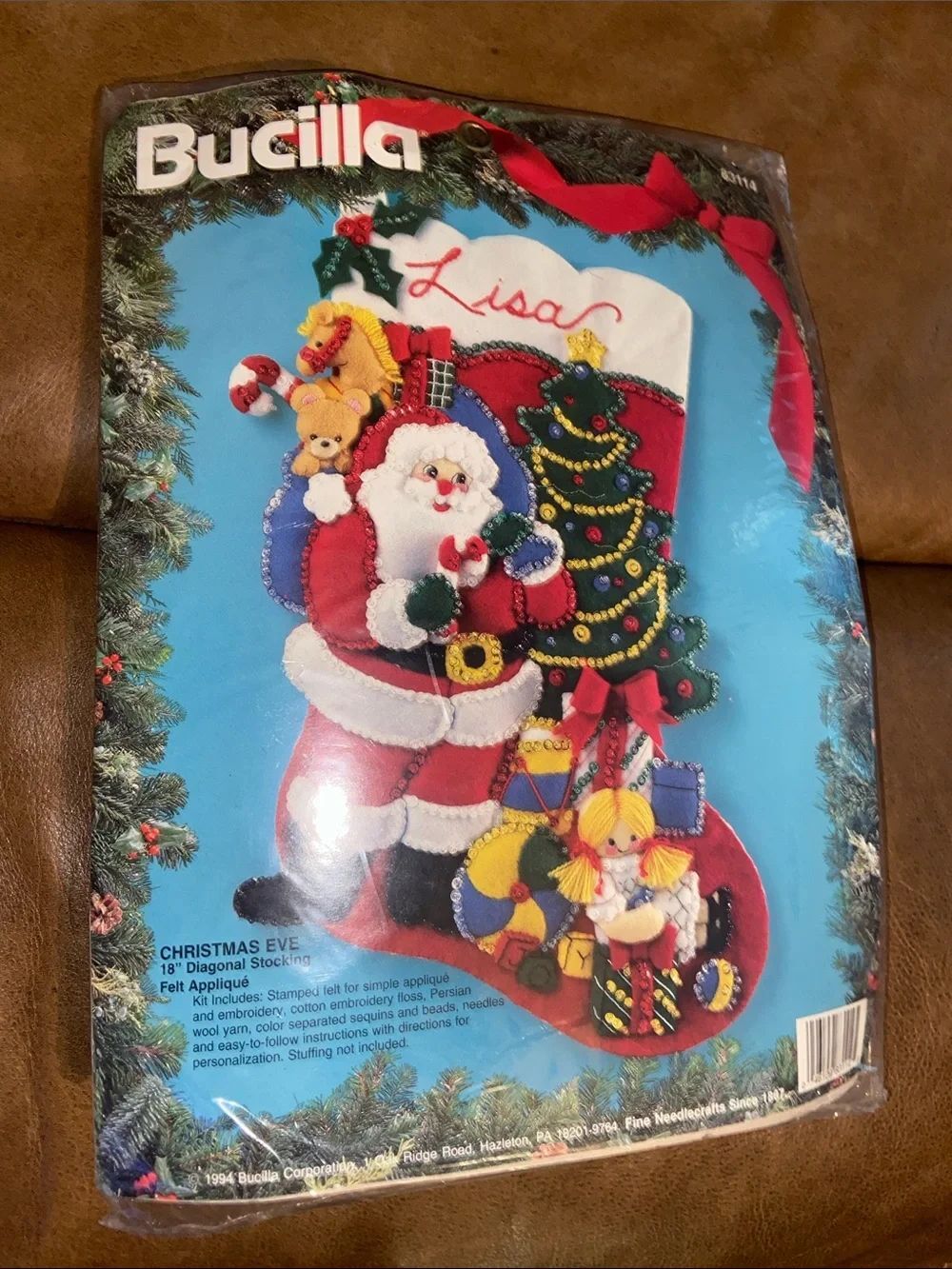 Vintage Bucilla Red, White, Green Felt Santa Stocking Kit #83114